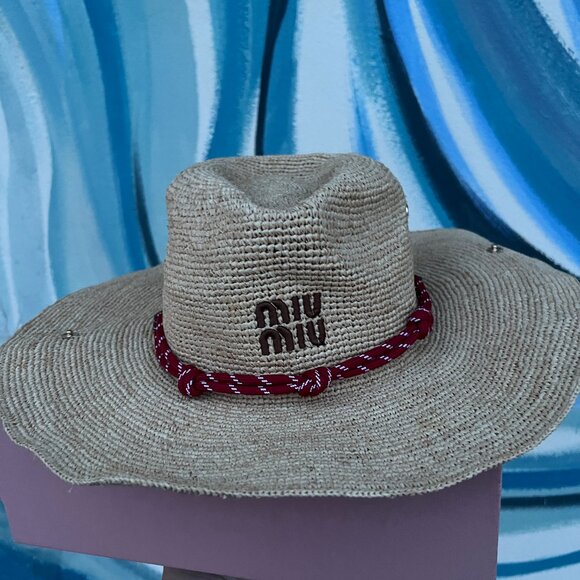 Miu Miu Straw Hat Women's Red Ribbon Detail Holiday Style Sun Hat - Picture 1 of 6